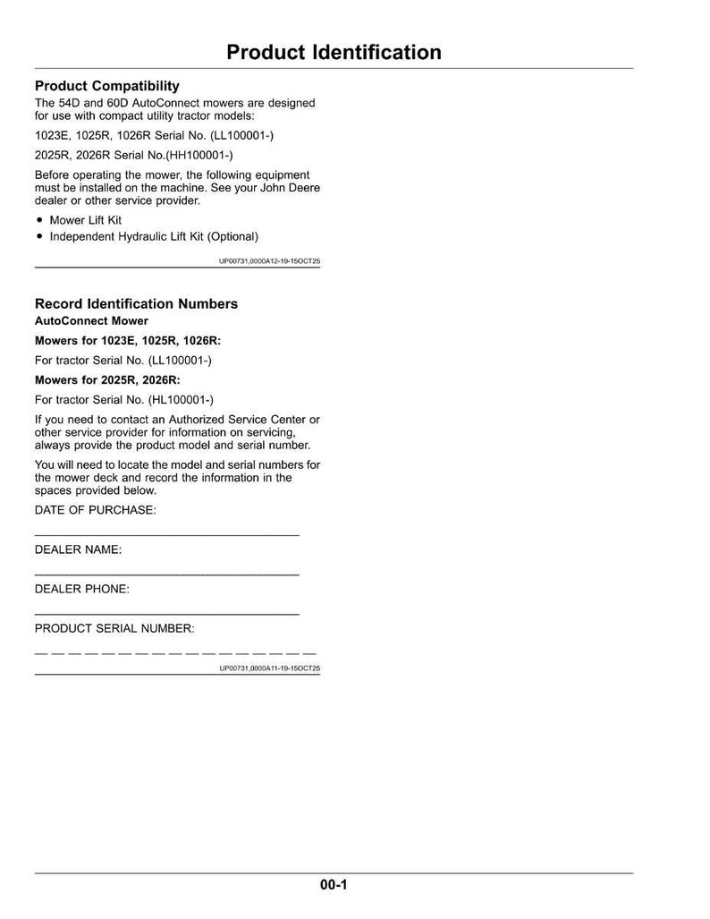 Pode incluir: Um documento branco intitulado "Identifica&ccedil;&atilde;o do Produto" com detalhes sobre modelos de cortadores de grama, n&uacute;meros de s&eacute;rie e kits de eleva&ccedil;&atilde;o opcionais. Inclui espa&ccedil;os para registrar a data da compra, o nome do revendedor, o telefone e o n&uacute;mero de s&eacute;rie do produto.