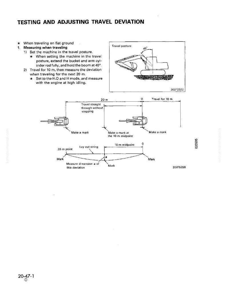 May include: Diagram illustrating the process of testing and adjusting travel deviation. The image includes a drawing of a machine, along with instructions and measurements in meters. Text includes "Testing and Adjusting Travel Deviation."