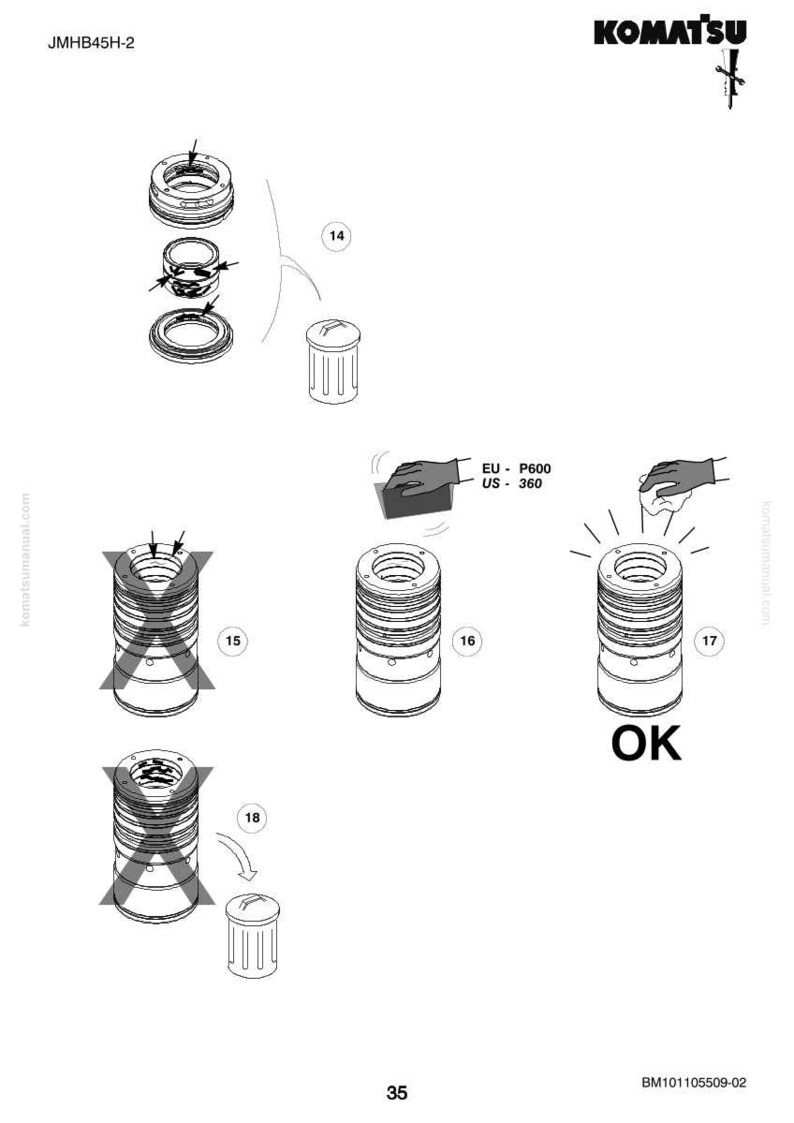 May include: Diagram of Komatsu parts assembly, with exploded view and labeled components. Includes text "OK" and measurements in US units. The image is in black and white.
