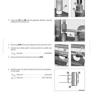 May include: Diagram illustrating the removal and installation of backhoe cylinders. The image includes detailed steps with tools A1, A2, A3, and A10, along with specifications for piston nuts and seal lubrication. Text includes "REMOVAL AND INSTALLATION" and "BACKHOE CYLINDERS".