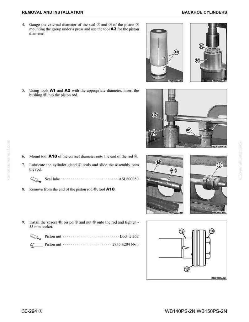 May include: Diagram illustrating the removal and installation of backhoe cylinders. The image includes detailed steps with tools A1, A2, A3, and A10, along with specifications for piston nuts and seal lubrication. Text includes "REMOVAL AND INSTALLATION" and "BACKHOE CYLINDERS".