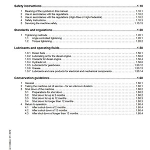 May include: A service manual titled "Group 1: General Information" with a table of contents. The manual covers safety instructions, standards, regulations, lubricants, operating fluids, and conservation guidelines. The Liebherr logo is at the bottom.