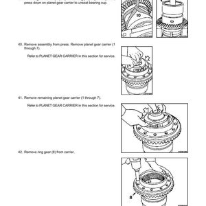 Puede incluir: Una p&aacute;gina de un manual que detalla el desmontaje de una direcci&oacute;n. El texto incluye instrucciones para quitar los soportes de la corona y los soportes de los engranajes planetarios. Los diagramas ilustran los pasos, con etiquetas como "10" y "8" que se&ntilde;alan componentes espec&iacute;ficos. La p&aacute;gina se titula "STEERING DRIVE" y "DISASSEMBLY".