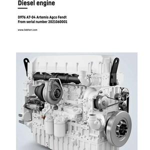 K&ouml;nnte beinhalten: Ein wei&szlig;er Dieselmotor mit schwarzen und silbernen Komponenten. Das Bild enth&auml;lt den Text "Reparaturanweisungen Dieselmotor" und "LIEBHERR". Das Motormodell ist D976 A7-04 Artemis Agco Fendt.