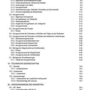 May include: A detailed table of contents from a manual, with headings and subheadings in black text on a white background. The document covers topics like safety, technical specifications, and procedures.
