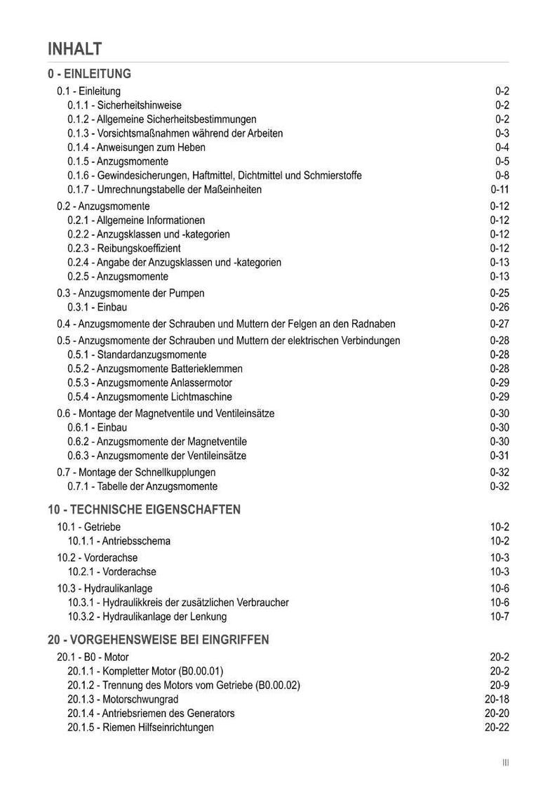 May include: A detailed table of contents from a manual, with headings and subheadings in black text on a white background. The document covers topics like safety, technical specifications, and procedures.