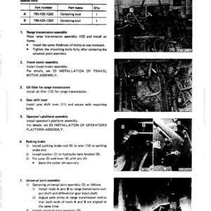 Op de afbeelding: Technische diagram met de installatie van een bereiktransmissie-assemblage. Bevat een onderdelenlijst, diagrammen en instructies voor componenten zoals de parkeerrem en kruiskoppeling.