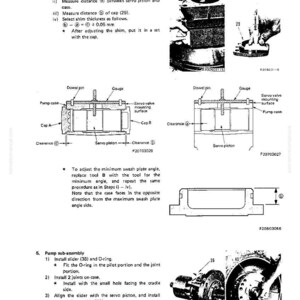May include: Technical diagram illustrating pump assembly and disassembly. Features labelled components such as servo pistons, gauges, and clearances. Instructions detail the assembly process with measurements.