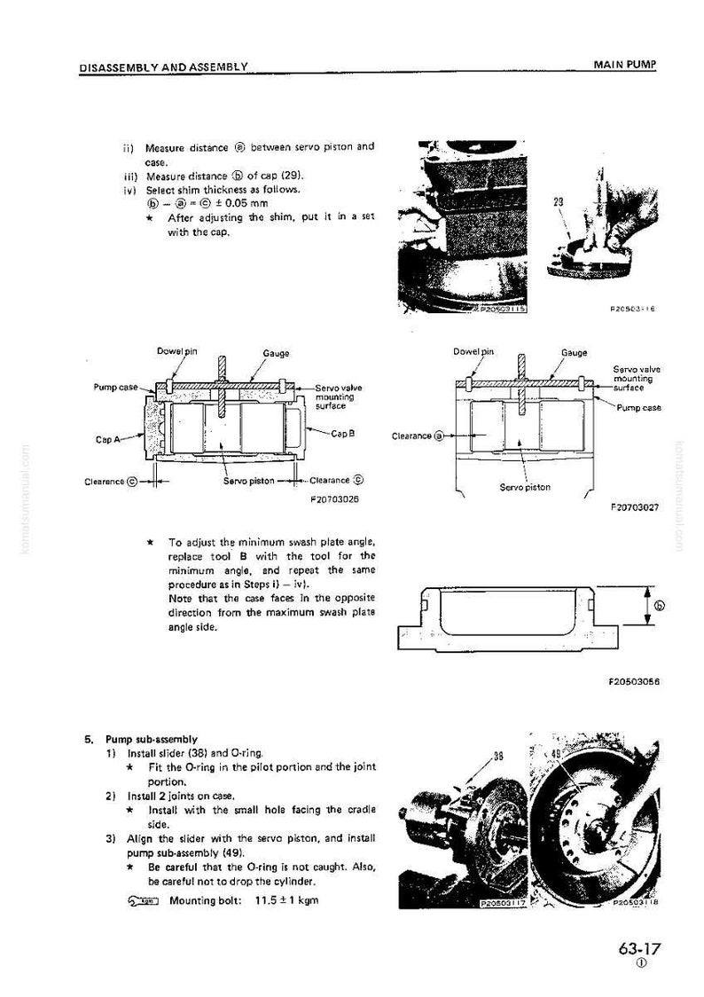 May include: Technical diagram illustrating pump assembly and disassembly. Features labelled components such as servo pistons, gauges, and clearances. Instructions detail the assembly process with measurements.