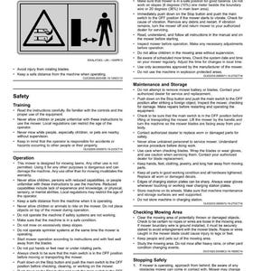 May include: A safety information sheet for a lawn mower, with diagrams and text. It highlights the dangers of rotating blades and provides instructions on safe operation, emphasizing the need to keep a safe distance.