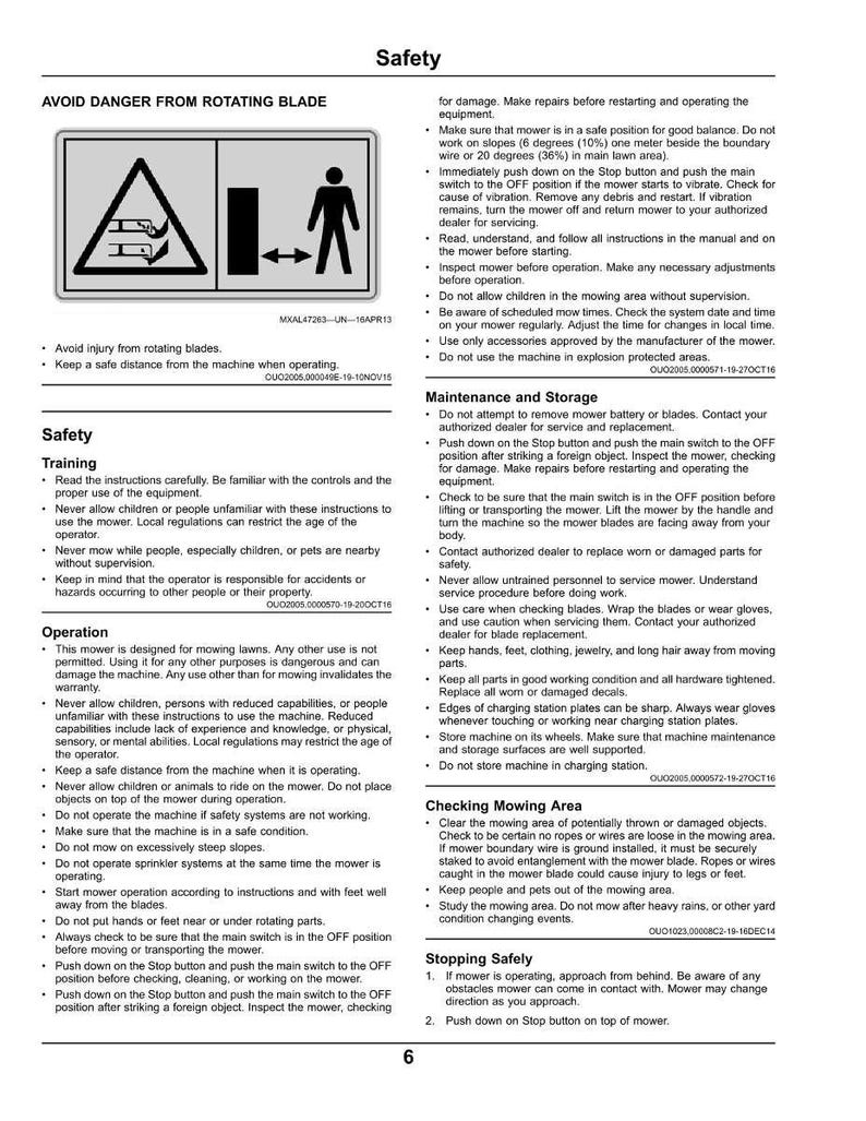 May include: A safety information sheet for a lawn mower, with diagrams and text. It highlights the dangers of rotating blades and provides instructions on safe operation, emphasizing the need to keep a safe distance.