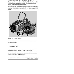 May include: Product identification page with a diagram of a Wide Area Mower 1600 Turbo. The page includes spaces to record the date of purchase, dealer name, dealer phone, product identification number, and engine serial number.
