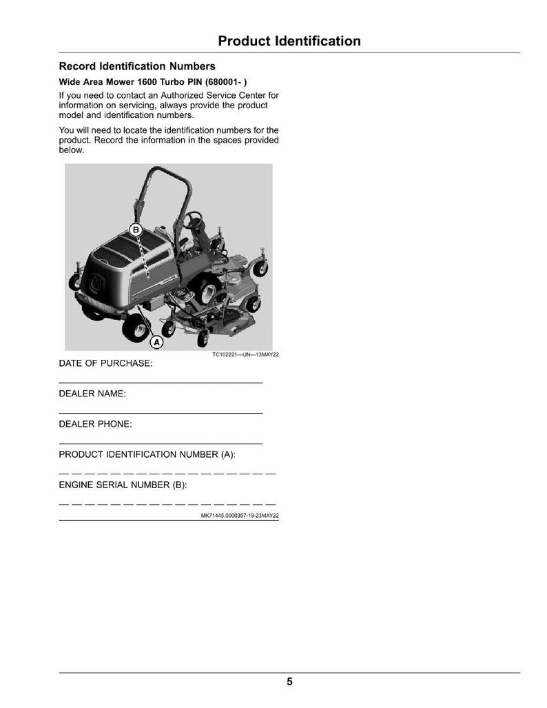 May include: Product identification page with a diagram of a Wide Area Mower 1600 Turbo. The page includes spaces to record the date of purchase, dealer name, dealer phone, product identification number, and engine serial number.