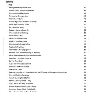 Puede incluir: Una p&aacute;gina de documento en blanco y negro titulada "Tabla de Contenidos" con una lista de temas relacionados con la seguridad. Los temas incluyen "Manejar fluidos de forma segura", "Prevenir explosiones de bater&iacute;as" y "Evitar el polvo de amianto nocivo".