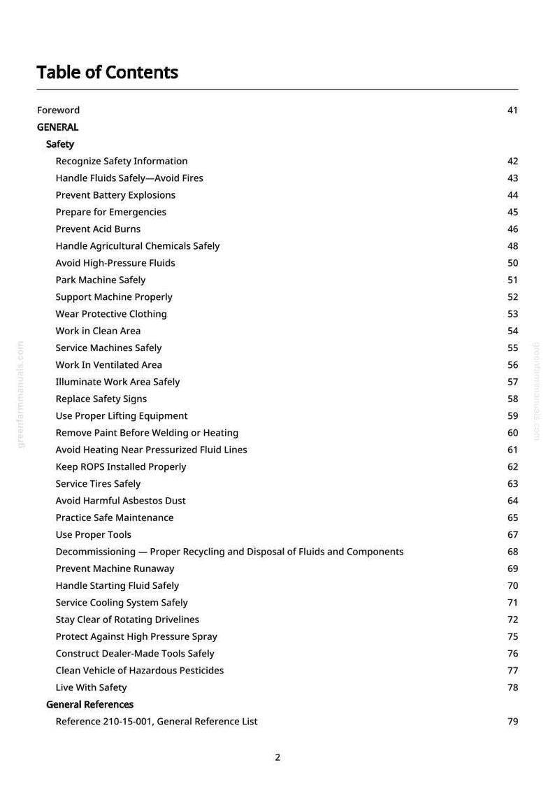 Puede incluir: Una p&aacute;gina de documento en blanco y negro titulada "Tabla de Contenidos" con una lista de temas relacionados con la seguridad. Los temas incluyen "Manejar fluidos de forma segura", "Prevenir explosiones de bater&iacute;as" y "Evitar el polvo de amianto nocivo".