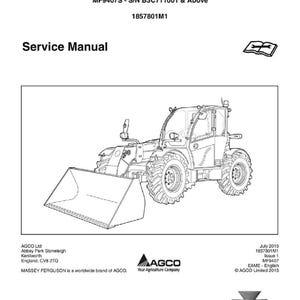 K&ouml;nnte beinhalten: Servicehandbuch f&uuml;r einen Massey Ferguson MF9407(T)S Traktor. Das Handbuch zeigt eine detaillierte Strichzeichnung des Traktors, einschlie&szlig;lich Schaufel und gro&szlig;er Reifen. Die Logos von AGCO und Massey Ferguson sind ebenfalls sichtbar.