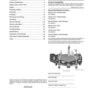 May include: A page from a John Deere manual with the title "Contents." The manual includes sections on product identification, safety, and service. An illustration of a mower deck is shown. The page also includes spaces for purchase date and dealer information.