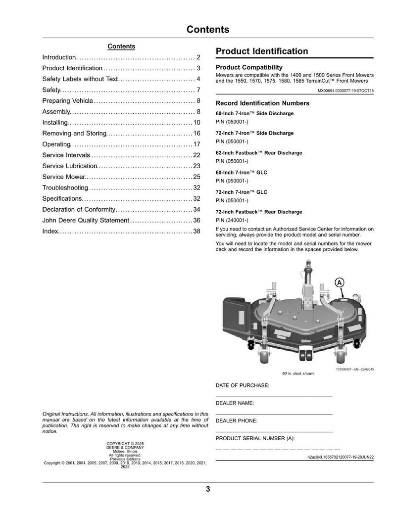 May include: A page from a John Deere manual with the title "Contents." The manual includes sections on product identification, safety, and service. An illustration of a mower deck is shown. The page also includes spaces for purchase date and dealer information.