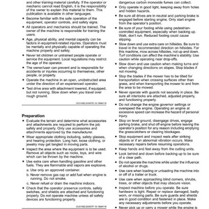 Puede incluir: Un documento blanco con texto negro que detalla las instrucciones de seguridad para el funcionamiento de maquinaria. Cubre la formaci&oacute;n del operador, la preparaci&oacute;n y los procedimientos de funcionamiento seguros, incluyendo advertencias.