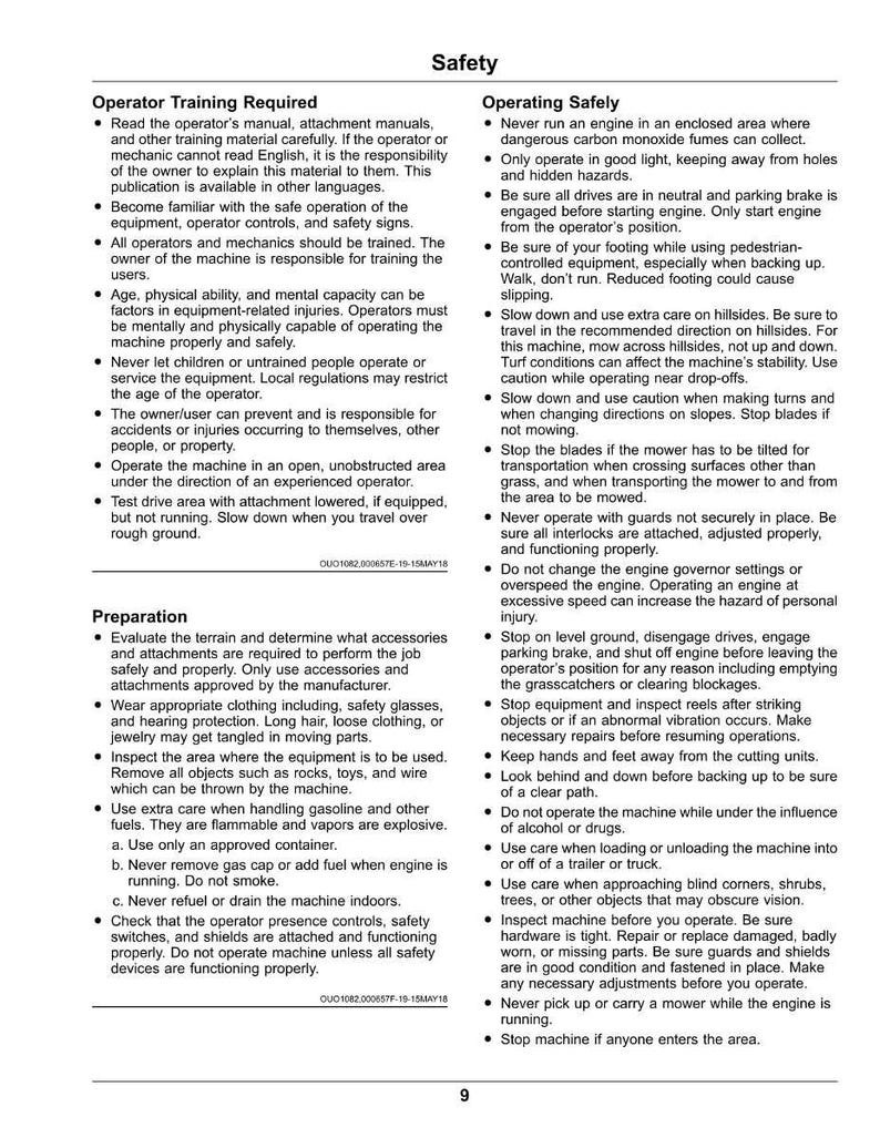 Puede incluir: Un documento blanco con texto negro que detalla las instrucciones de seguridad para el funcionamiento de maquinaria. Cubre la formaci&oacute;n del operador, la preparaci&oacute;n y los procedimientos de funcionamiento seguros, incluyendo advertencias.