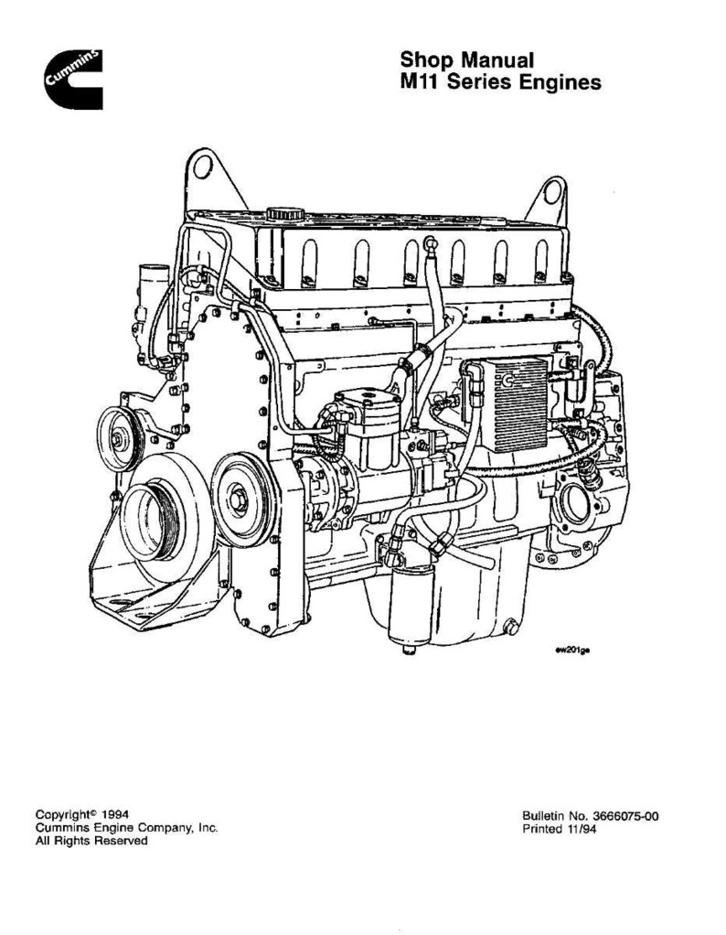 Op de afbeelding: Lijntekening van een Cummins M11-serie motor. De afbeelding is een illustratie uit een werkplaatshandboek, met het Cummins-logo in de linkerbovenhoek. Tekst bevat "Shop Manual" en "M11 Series Engines."