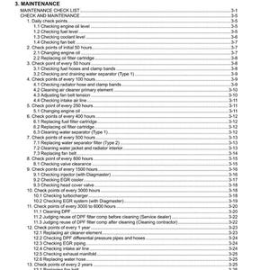 May include: A detailed maintenance checklist from a manual, with a table of contents and numbered sections. The document includes checks for engine oil, fuel level, coolant, and other components. The text is in black font on a white background.