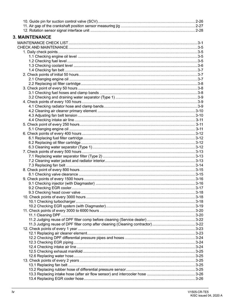 May include: A detailed maintenance checklist from a manual, with a table of contents and numbered sections. The document includes checks for engine oil, fuel level, coolant, and other components. The text is in black font on a white background.