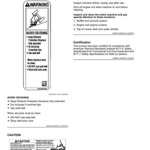 May include: A page of safety labels for machinery, featuring warnings about crushing and fire hazards. The labels include instructions for safe operation and maintenance, with diagrams and text. The page also includes a certification statement.