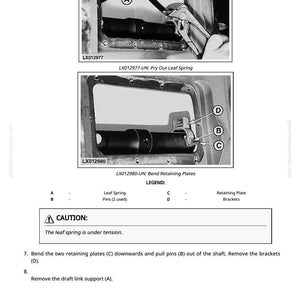 May include: Black and white technical diagram with two detailed illustrations of mechanical components. The text includes instructions for bending retaining plates and removing parts, with a caution about spring tension.