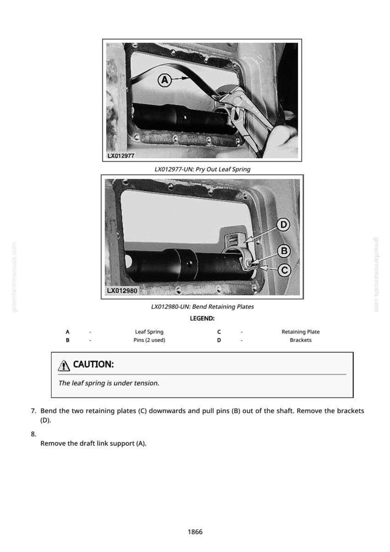 May include: Black and white technical diagram with two detailed illustrations of mechanical components. The text includes instructions for bending retaining plates and removing parts, with a caution about spring tension.