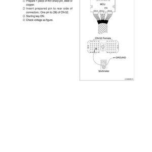 Puede incluir: Diagrama de un procedimiento de prueba el&eacute;ctrica. Incluye un mazo de cables, un mult&iacute;metro y diagramas de conectores etiquetados CN-52 y CN-62. El texto incluye instrucciones para verificar el voltaje y las especificaciones de funcionamiento del actuador.