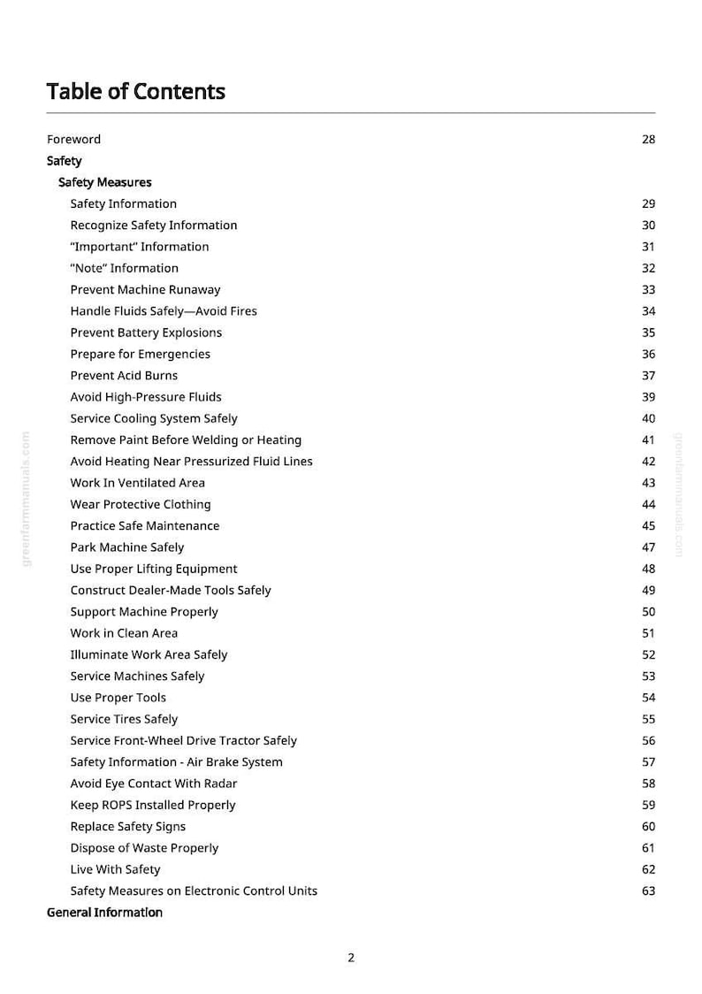 May include: A white page from a manual, titled "Table of Contents." It lists safety topics such as "Safety Information," "Prevent Machine Runaway," and "Avoid High-Pressure Fluids." Measurements are not applicable.
