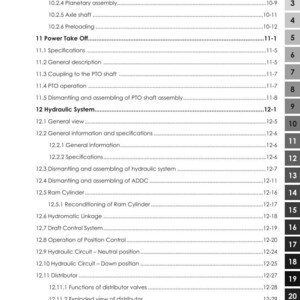 Op de afbeelding: Een witte pagina uit een handleiding met de titel "ARGOTRACTORS" bovenaan. De pagina bevat een inhoudsopgave met genummerde secties en subsecties, waaronder "Power Take Off" en "Hydraulic System". Het onderdeelnummer van het document is onderaan zichtbaar.