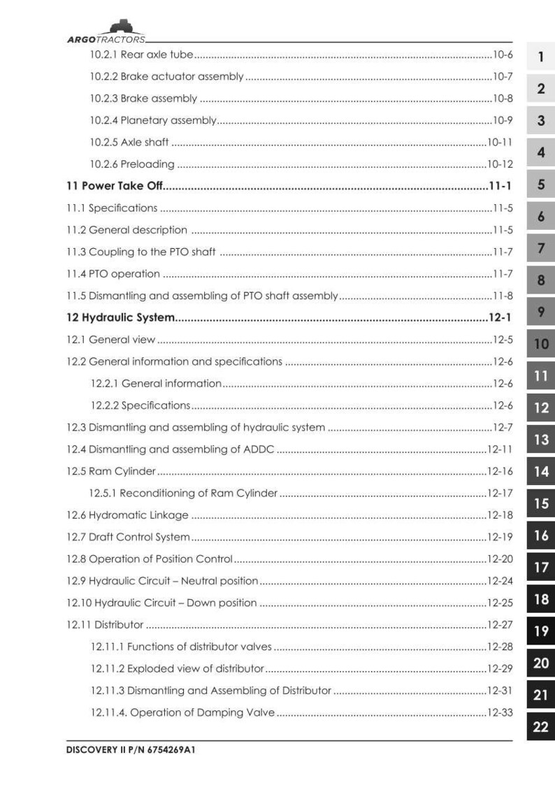 Op de afbeelding: Een witte pagina uit een handleiding met de titel "ARGOTRACTORS" bovenaan. De pagina bevat een inhoudsopgave met genummerde secties en subsecties, waaronder "Power Take Off" en "Hydraulic System". Het onderdeelnummer van het document is onderaan zichtbaar.