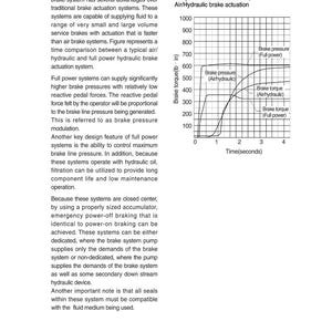 May include: Diagram comparing full power brake actuation versus air/hydraulic brake actuation. The graph shows brake pressure and torque over time, with labels for full power and air/hydraulic systems. Text explains the advantages of full power hydraulic brake systems.