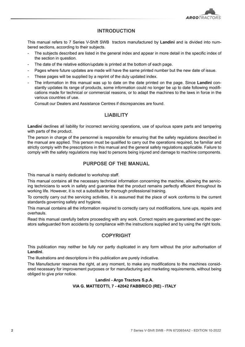 May include: A printed manual with the title "INTRODUCTION" and the Argo Tractors logo. The manual details information about 7 Series V-Shift SWB tractors, including liability, purpose, and copyright information. The manual is in English.