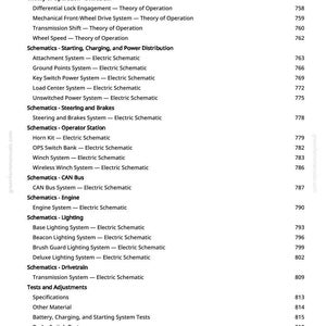 May include: A white page with a detailed table of contents from a manual. The text includes various electrical schematics and system tests, such as lighting, brakes, and engine systems. Page number 12 is visible.