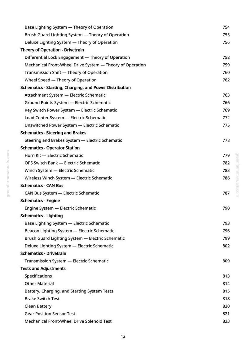 May include: A white page with a detailed table of contents from a manual. The text includes various electrical schematics and system tests, such as lighting, brakes, and engine systems. Page number 12 is visible.