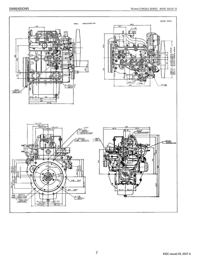 May include: Technical diagram of an engine, featuring multiple views with detailed dimensions in millimeters. The diagram includes labels and measurements, with the text "DIMENSIONS" and "70 mm STROKE SERIES WSM, 60201-0" at the top. The unit of measurement is mm.