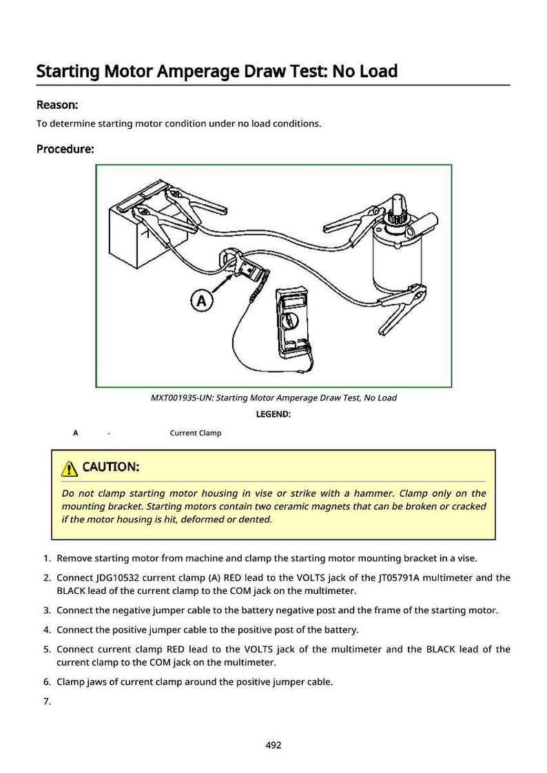 May include: Diagram illustrating a starting motor amperage draw test under no load conditions. The image includes a multimeter, clamps, and a starting motor, with a "CAUTION" notice. Text explains the procedure for testing the motor.