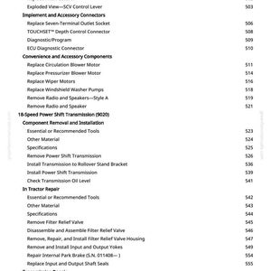 May include: A page from a manual with a list of automotive repair procedures. The text includes terms like "Engine Speed Control", "Transmission Control", and "Filter Relief Valve". The page number is visible at the bottom.