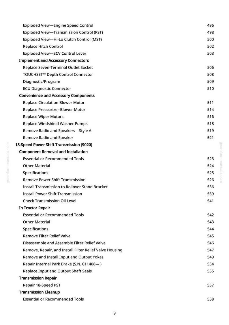 May include: A page from a manual with a list of automotive repair procedures. The text includes terms like "Engine Speed Control", "Transmission Control", and "Filter Relief Valve". The page number is visible at the bottom.