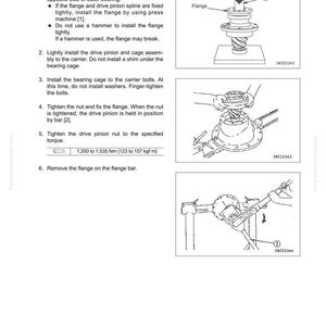 May include: Diagram of drive axle and brake assembly instructions. Includes illustrations of installing a flange, tightening a nut, and removing a flange. Text includes torque specifications in Newton meters and kgf&middot;m.