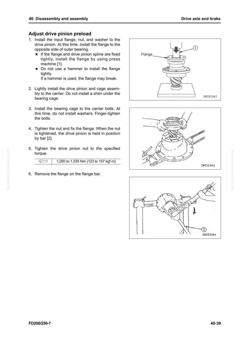 May include: Diagram of drive axle and brake assembly instructions. Includes illustrations of installing a flange, tightening a nut, and removing a flange. Text includes torque specifications in Newton meters and kgf&middot;m.