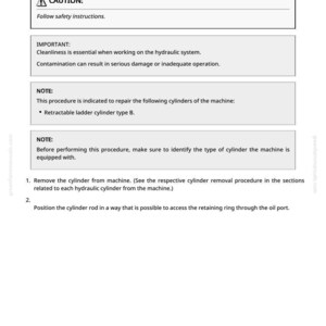 May include: A white page with text detailing instructions for repairing single-action hydraulic cylinders, including safety warnings and procedural steps. The document includes the text "CAUTION" and "IMPORTANT".