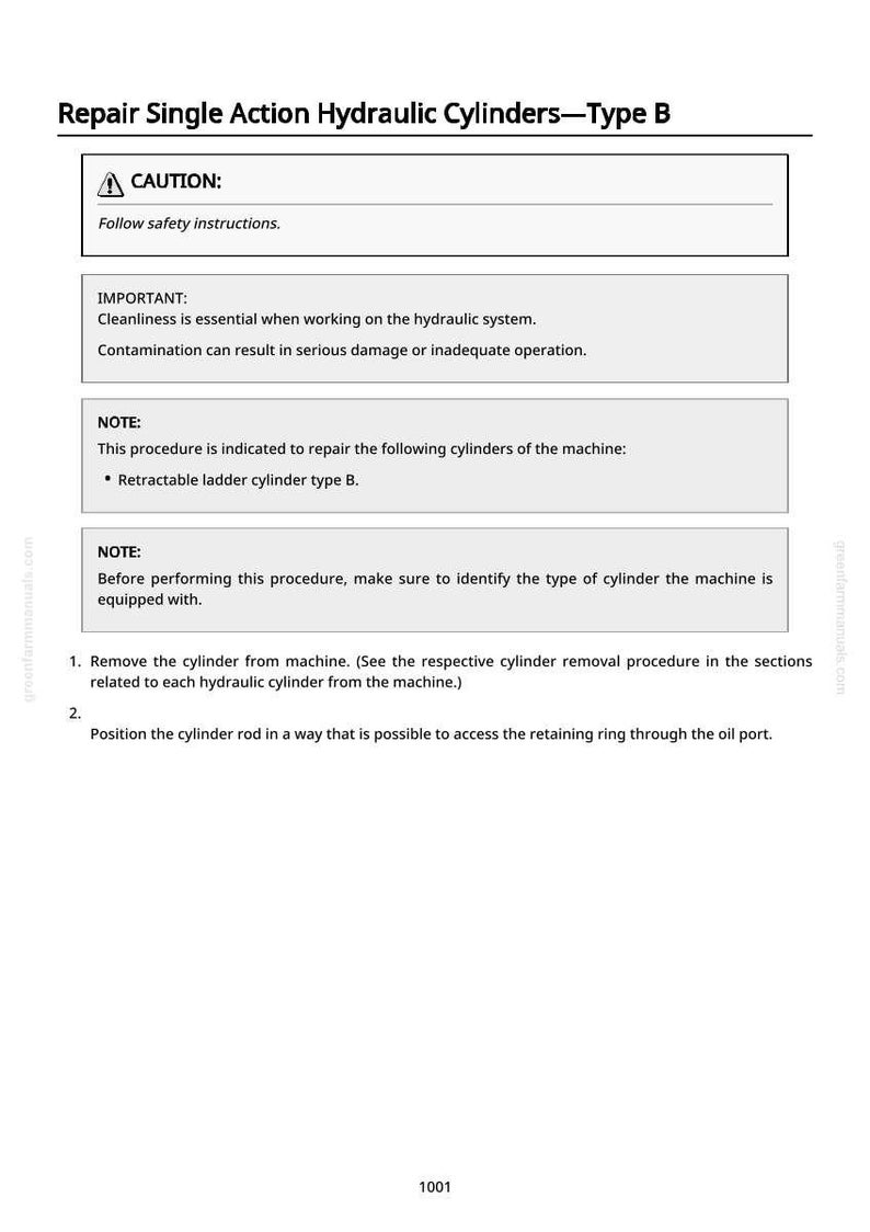 May include: A white page with text detailing instructions for repairing single-action hydraulic cylinders, including safety warnings and procedural steps. The document includes the text "CAUTION" and "IMPORTANT".