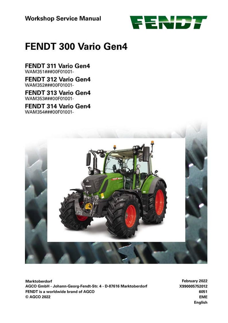 May include: A green Fendt 300 Vario Gen4 tractor with black tyres and red rims, shown in a workshop service manual. The manual includes model numbers and the Fendt logo.