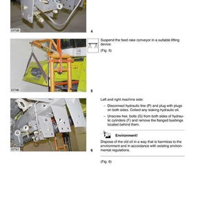May include: Diagram of a drive axle with instructions for maintenance. The image shows close-ups of various components, including clamps, sensors, and hydraulic lines. Text provides step-by-step guidance for disassembly and environmental considerations.