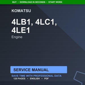 May include: A digital service manual for Komatsu engines 4LB1, 4LC1, and 4LE1. The cover displays the Komatsu logo and engine model numbers in white text against a dark blue background. The manual contains 128 pages of professional data.