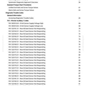 May include: A page from a manual with a table of contents and diagnostic trouble codes. The text includes terms like "Glossary of Terms," "Diagnostic Trouble Codes," and specific error codes related to seed sensors.